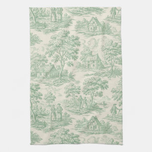 Countryside Sage Green Toile Farm Animal Tea Towel
