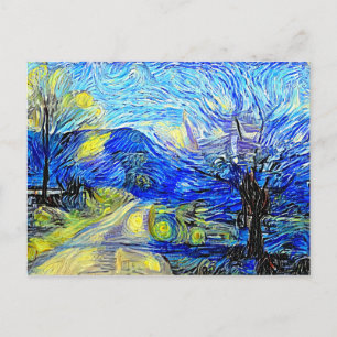 Countryside Starry Night Acrylic Parody Painting Postcard