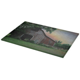 countryside sunset farm landscape old red barn cutting board