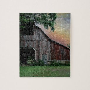 countryside sunset farm landscape old red barn jigsaw puzzle