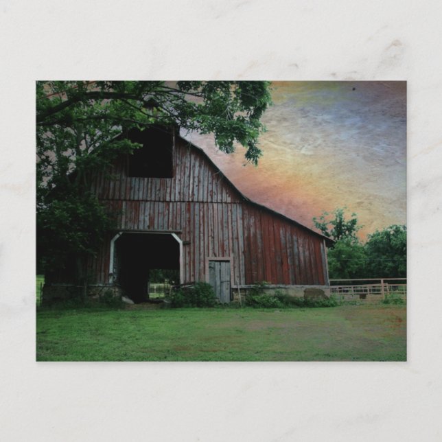 countryside sunset farm landscape old red barn postcard (Front)