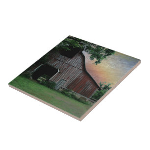 countryside sunset farm landscape old red barn tile