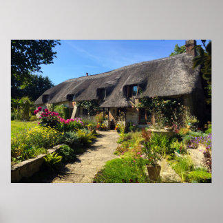 Countryside thatched-roof cottage poster