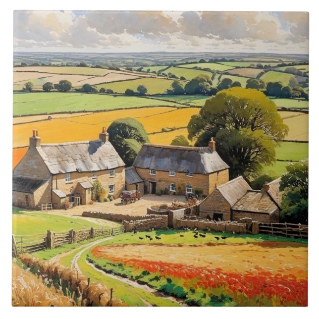 Countryside View Rustic Scene Farmhouse Landscape Tile (Front)