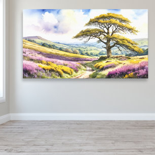Countryside View with Oak Tree, Hills and Heather Canvas Print