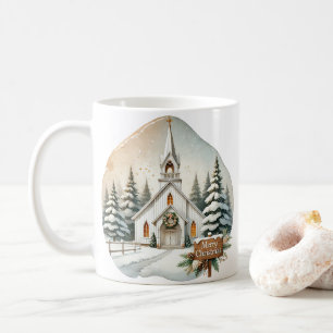 Countryside White Chapel Night Christmas Scene Coffee Mug