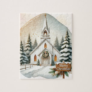 Countryside White Chapel Night Christmas Scene Jigsaw Puzzle