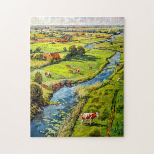 Countryside with Cows and Stream Fantasy Painting Jigsaw Puzzle