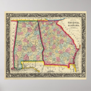 County Map Of Georgia, And Alabama Poster