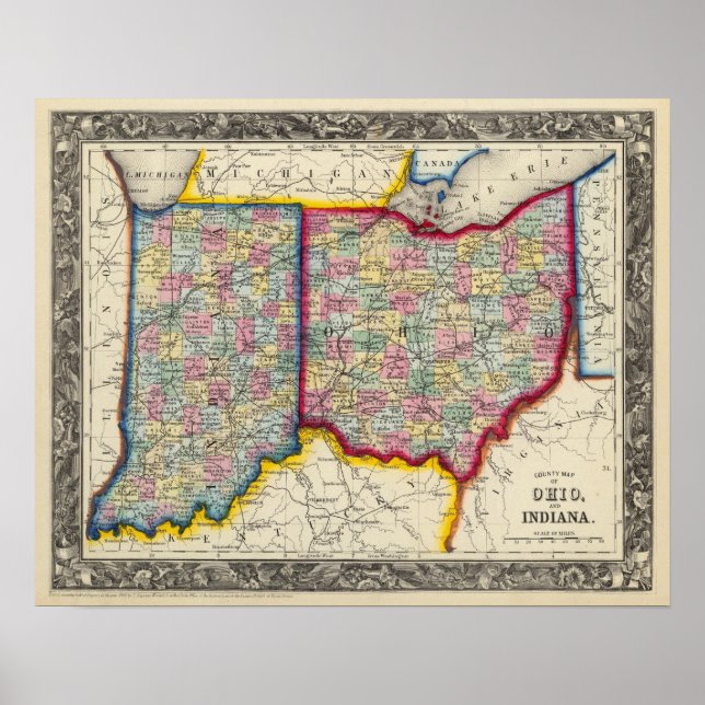 County Map Of Ohio, And Indiana Poster (Front)