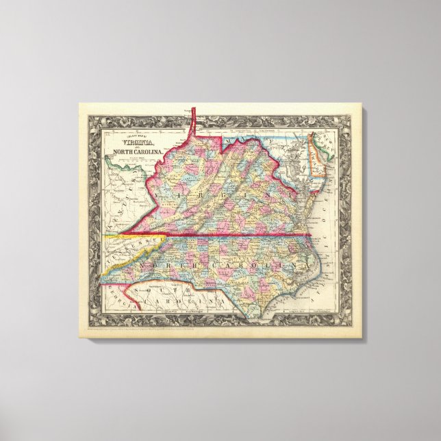 County Map Of Virginia, and North Carolina Canvas Print (Front)