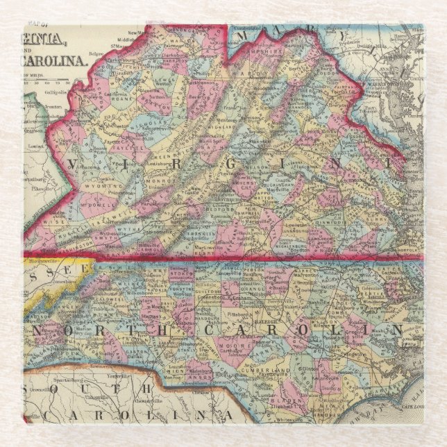 County Map Of Virginia, and North Carolina Glass Coaster (Front)