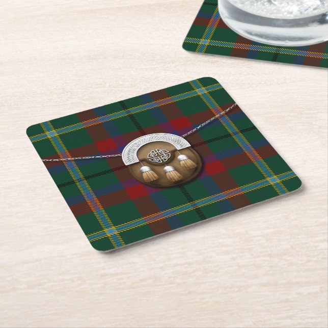 County Mayo Irish Tartan And Sporran Square Paper Coaster (Angled)