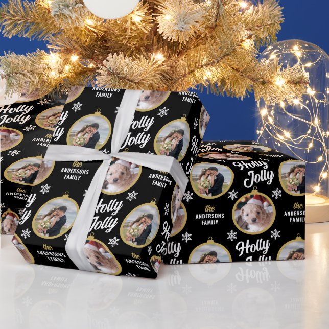 Couple 2 Photos Christmas Modern Black  Wrapping Paper (Holidays)