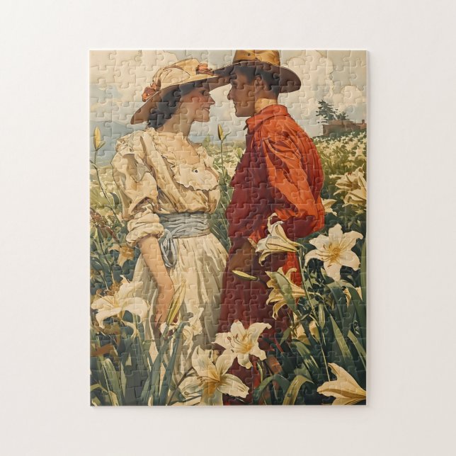 Couple Amidst White Lilies romantic Vintage Jigsaw Puzzle (Vertical)