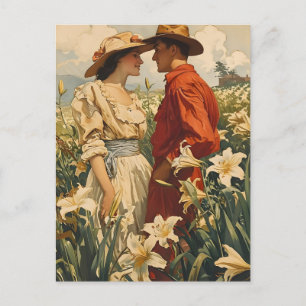Couple Amidst White Lilies romantic Vintage Postcard