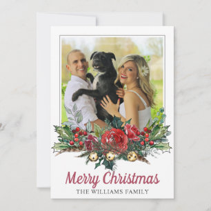Couple And Dog Christmas Photo Botanical Holiday Card