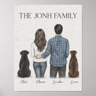 Couple and Two Dogs Family Graphite Portrait Poste Poster