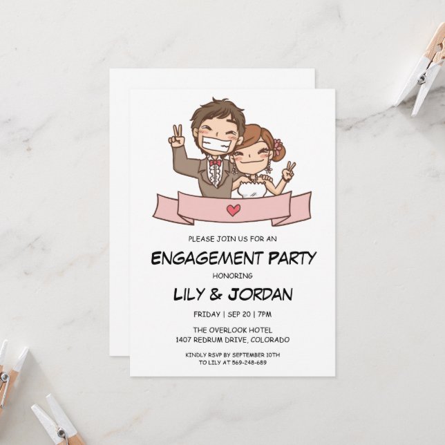 Couple anime wedding cartoon engagement invitation (Front/Back In Situ)