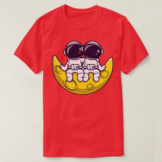 Couple Astronaut Sitting On Moon Cartoon T-Shirt (Design Front)