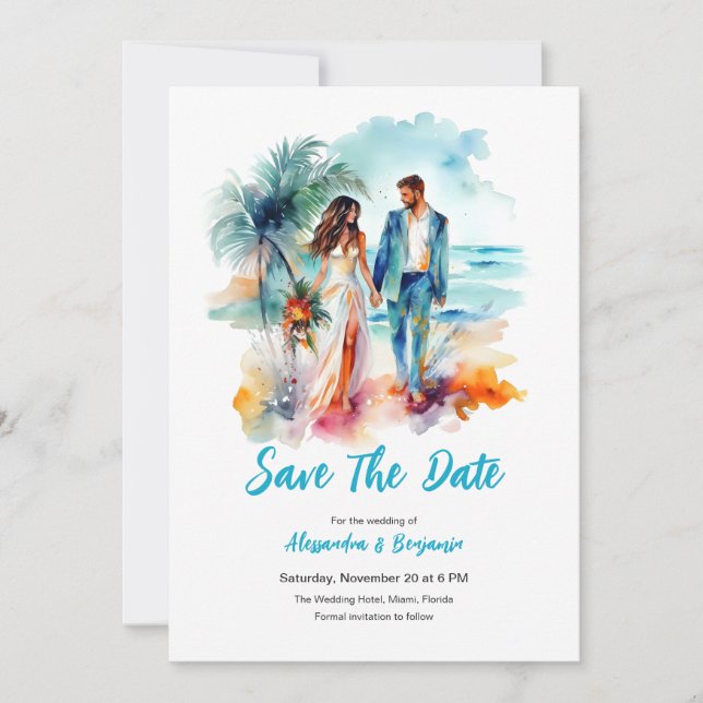Couple at Beach Watercolor Wedding | Save The Date Invitation (Front)