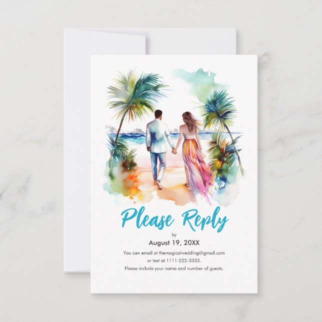 Couple at Beach Wedding Watercolor Response RSVP (Front)