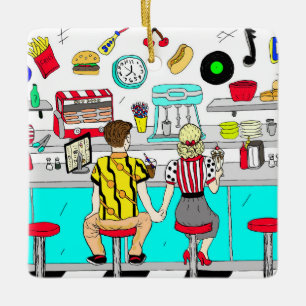 Couple at Fifties Diner Holding Hands Retro Ceramic Ornament