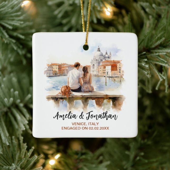 Couple at Venice Italy Watercolor Travel Ceramic Ornament (Tree)