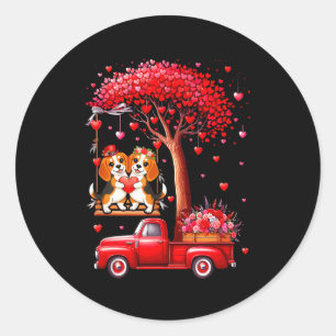Couple Beagles Valentine Hearts Tree Pickup Truck Classic Round Sticker