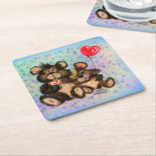 Couple Bear with Heart Balloon Paper Coaster