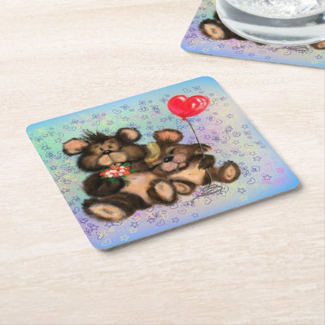 Couple Bear with Heart Balloon Paper Coaster (Angled)