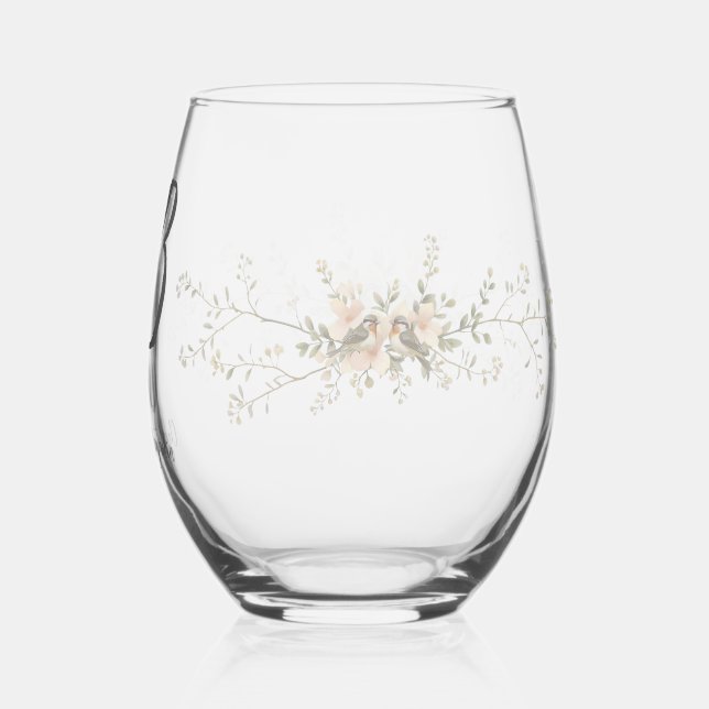 Couple Birds Monogram flowers Elegant Wedding  Stemless Wine Glass (Back)