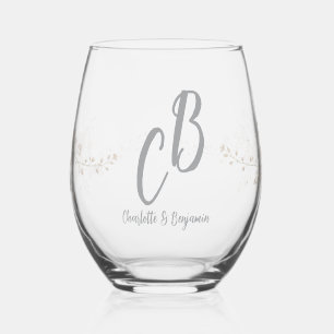 Couple Birds Monogram flowers Elegant Wedding Stemless Wine Glass