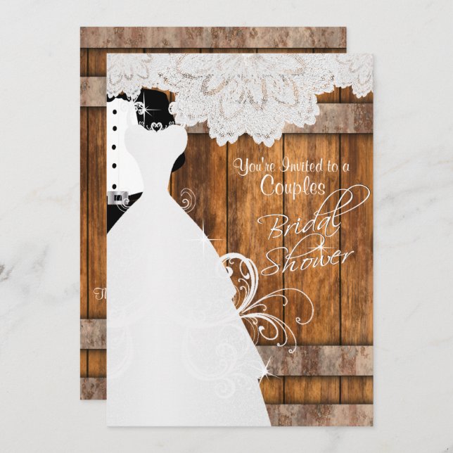 Couple Bridal Shower in Rustic Wood and Lace Invitation (Front/Back)