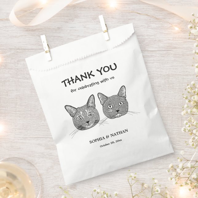 Couple Cat Hand Drawing Personalised Thank You Favour Bags (Clipped)