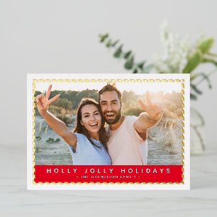 COUPLE CHRISTMAS PHOTO simple gold border red Foil Holiday Card