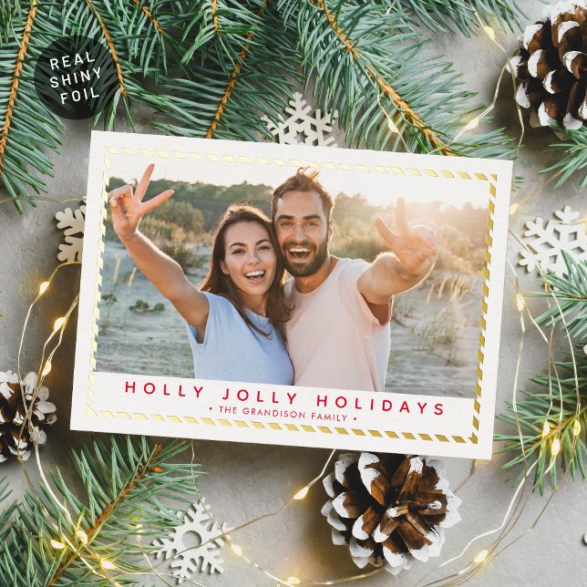 COUPLE CHRISTMAS PHOTO simple gold border red Foil Holiday Card (Creator Uploaded)