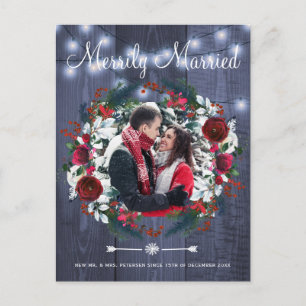 Couple Christmas Red Floral Wedding photos Holiday Postcard
