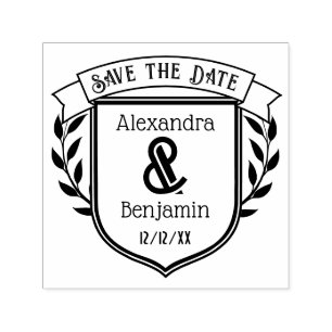 Couple Crest Ribbon Botanical Save the Date #2 Self-inking Stamp