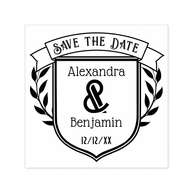 Couple Crest Ribbon Botanical Save the Date #2 Self-inking Stamp (Design)