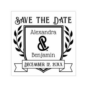 Couple Crest Ribbon Botanical Save the Date Self-inking Stamp