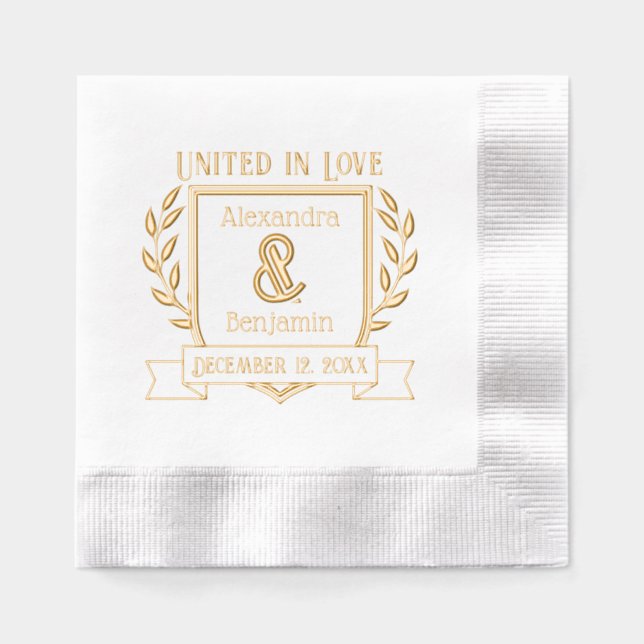 Couple Crest Ribbon Botanical United In Love Foil Napkins (Front)