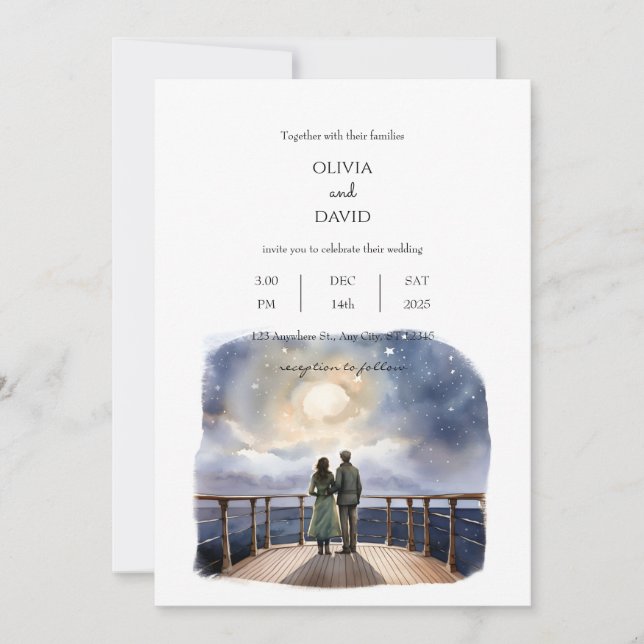 Couple Cruise Ship Starry Night Sky Beach Wedding  Invitation (Front)
