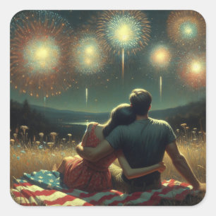 Couple Cuddling under the Fourth of July Fireworks Square Sticker