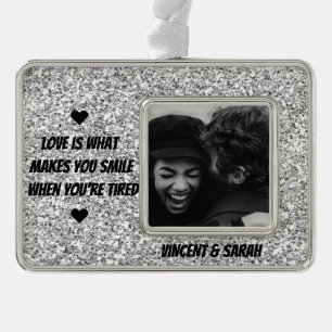 Couple Custom Photo,Name and Love Quote Glitter Silver Plated Framed Ornament