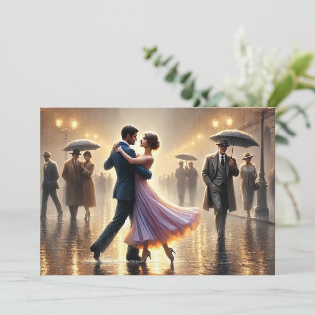 Couple dancing in the rain holiday card (Standing Front)