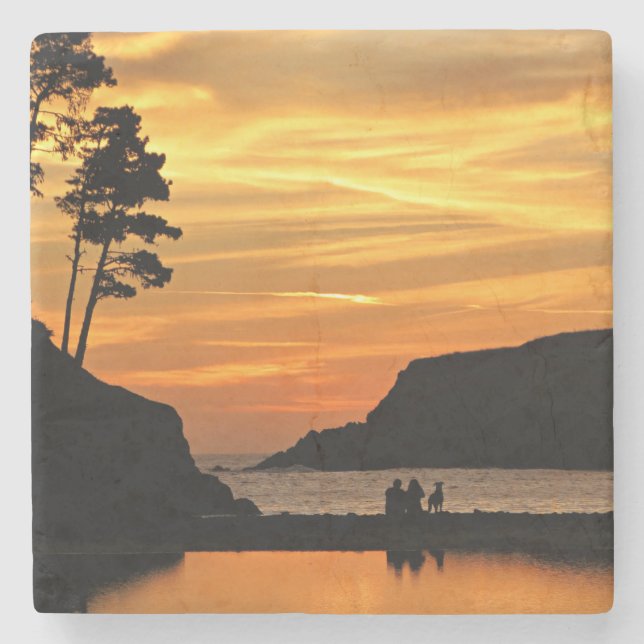 Couple & Dog Romantic Beach Coast Sunset Stone Coaster (Front)