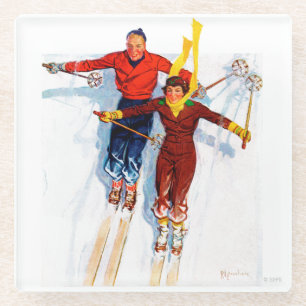 Couple Downhill Skiing Glass Coaster