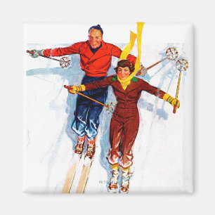 Couple Downhill Skiing Magnet