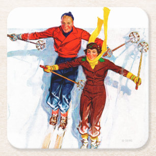Couple Downhill Skiing Square Paper Coaster